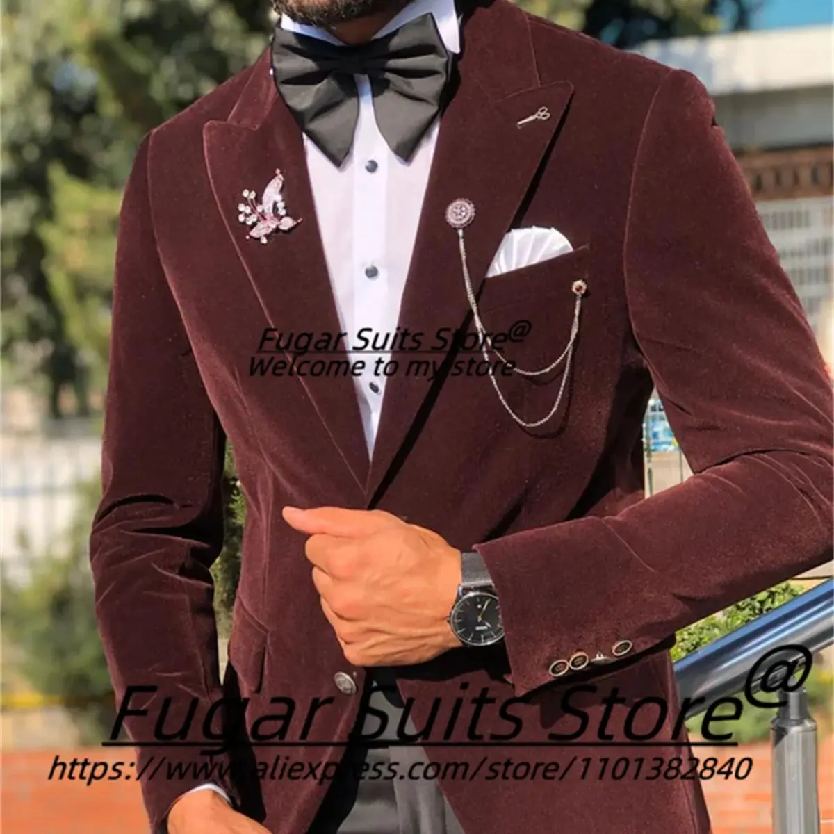 

High Qublity Velvet Wedding Men Suits Slim Peak Lapel Groom Best Man Prom Tuxedos 2 Pcs Sets Luxuly Male Blazers Costume Homme