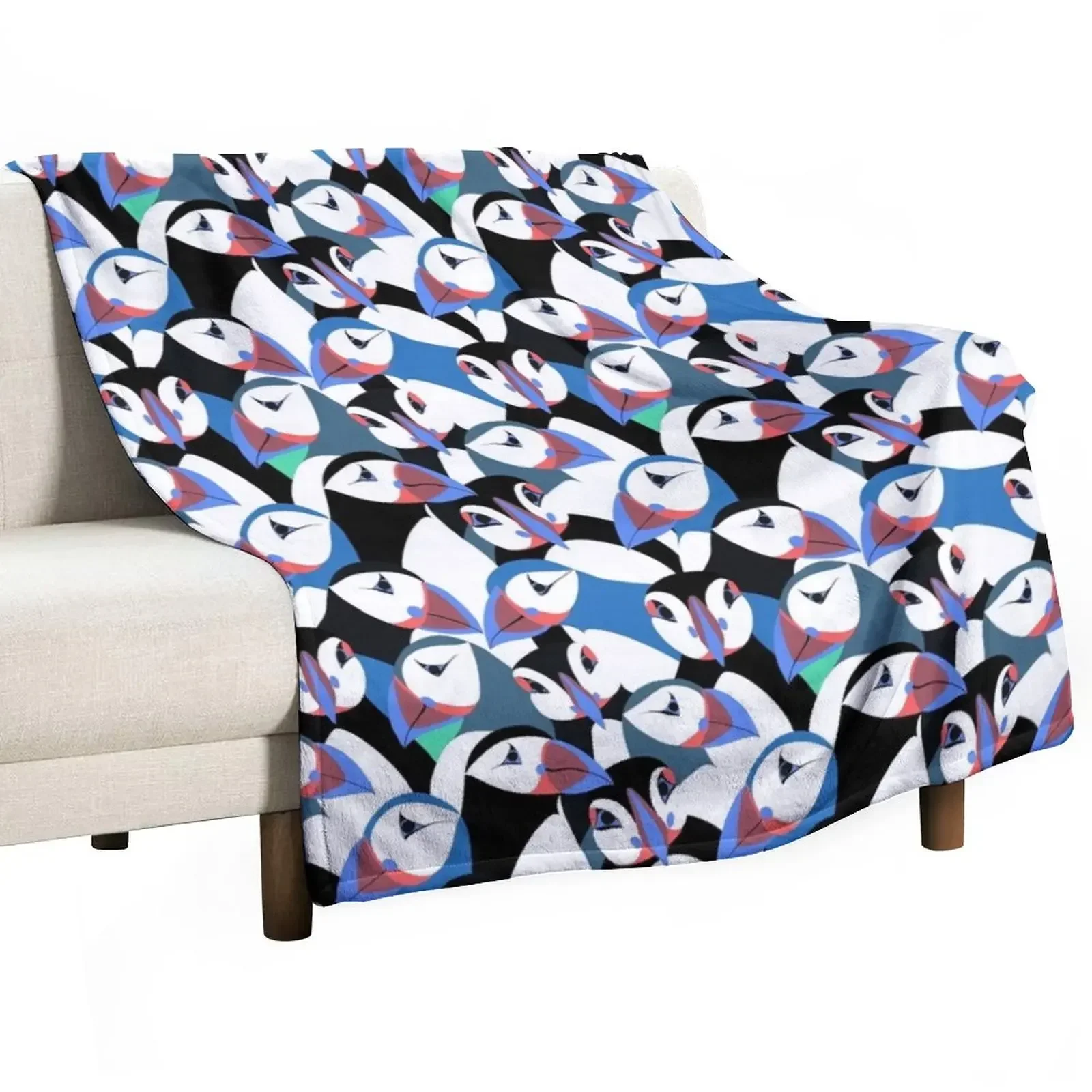 Puffins in bright blue Throw Blanket sofa bed Beach Blankets