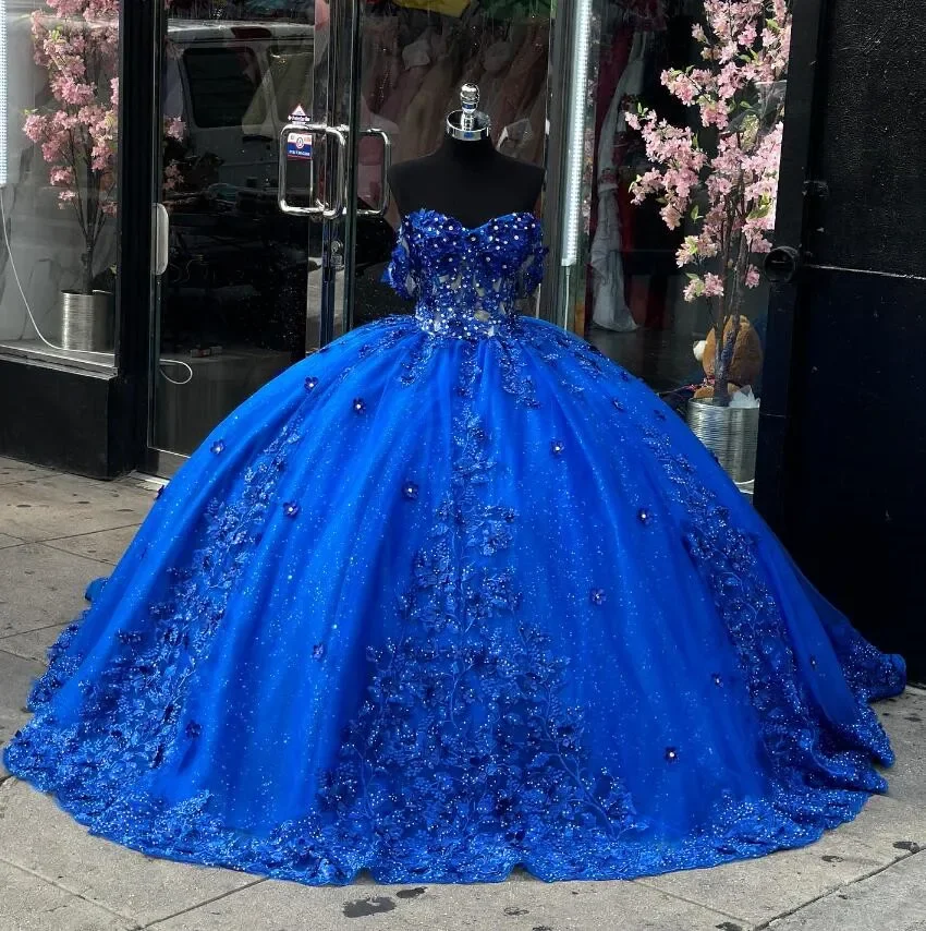 

King Blue Gillter Princess Quinceanera Dress 3D Floral Applique Off Shoulder Skirt Boning vestido 15 quinceañeras Sweet 16