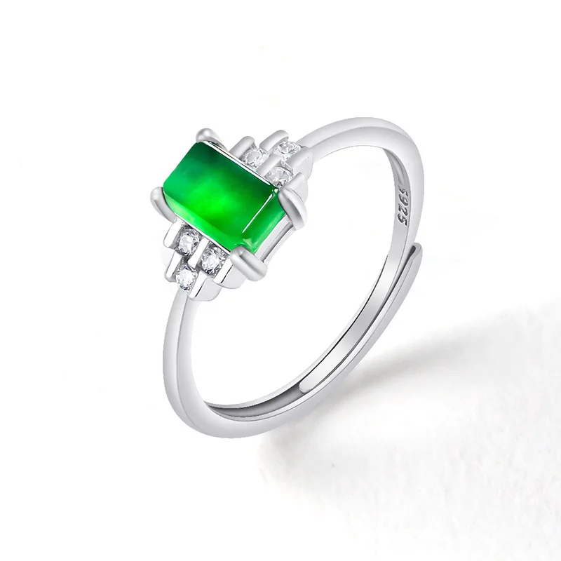 S925 Silver Natural A-grade Jade Yang Green Small Square Sugar Saddle Ring Ice Seed Jadeite Fashion Jewelry For Women's Gifts