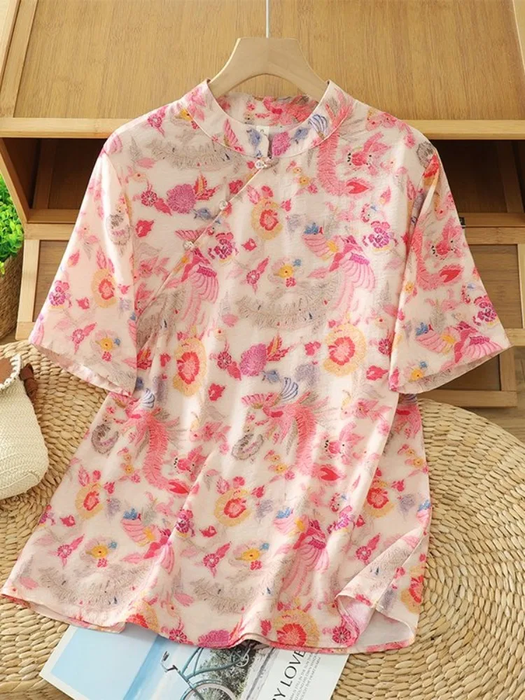 

Китайский винтажный хлопок ort Sve irt, женский летний легкий топ с косыми лацканами и воротником-стойкой, утягивающий топ небольшого размера