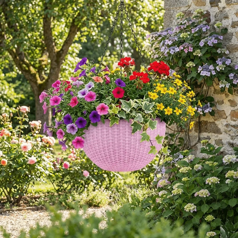 Plastic Imitation Rattan Hanging Pot Stackable European Style Plant Hanging Basket with Chain Self Absorbing Water