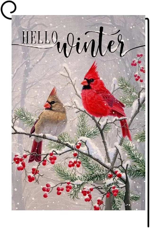 Festive Winter Robin Garden Flag 12x18 Vertical Double Sided, Snowy Farmhouse Trees, Christmas Holiday Outdoor Decorations, Burl