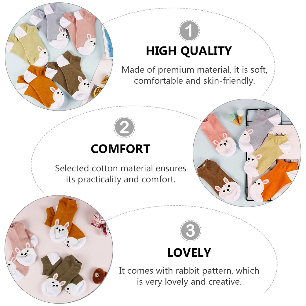 

5 Pairs Cotton Rabbit Pattern Short Anklet Girls Boat Socks Spring Summer Comfortable Breathable Family Gift Low Cut Cartoon