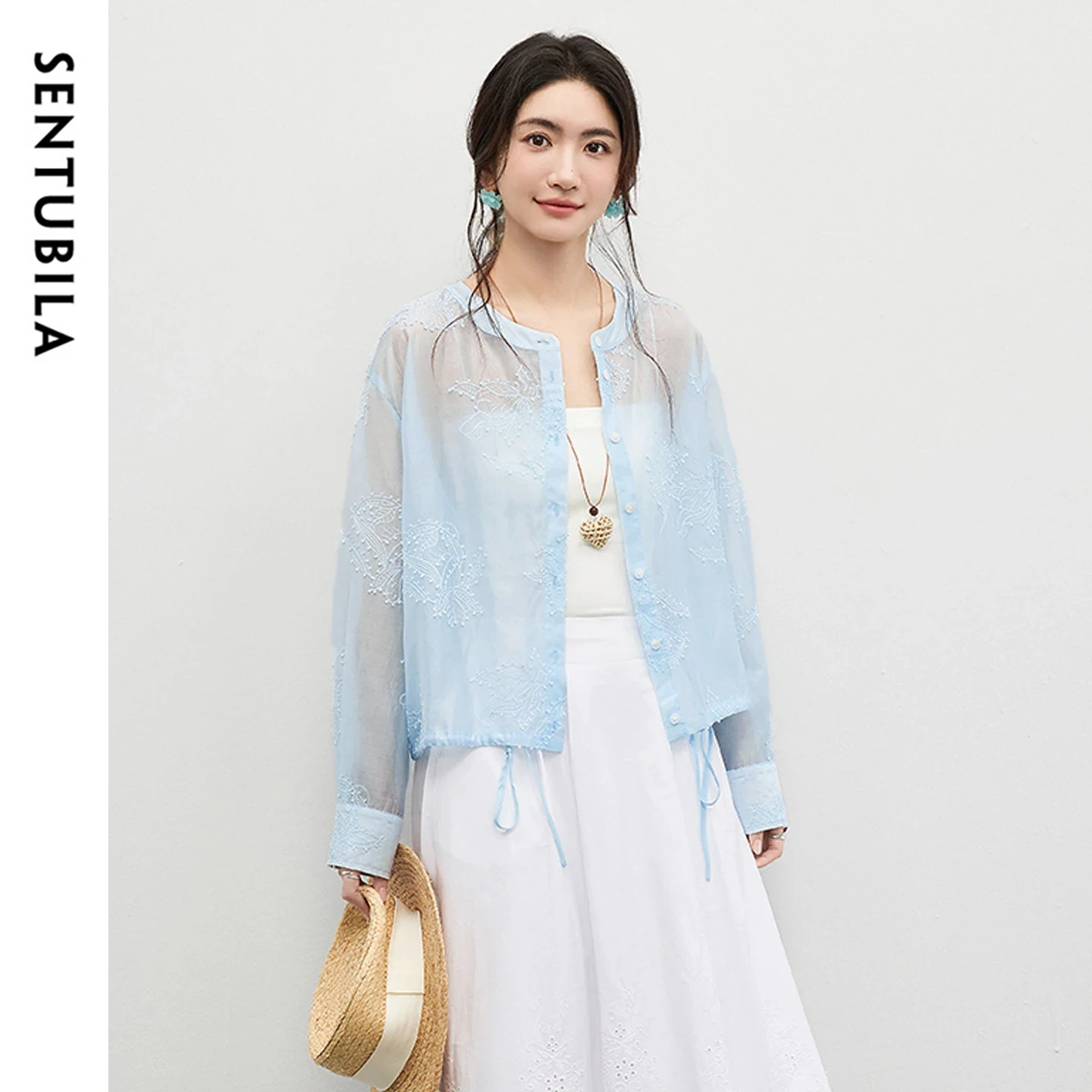 

Женская минималистичная офисная рубашка SENTUBILA с круглым вырезом, вышивкой крючком, регулируемой завязкой, свободного кроя, с защитой от солнца, модель 161CA4737