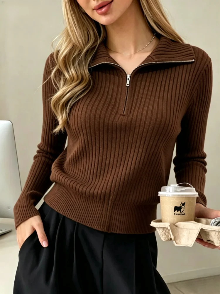 New Chic Half Zip Polo Collar Ribbed Knit Sweater Long Sleeve Pullover Autumn Winter Casual Top Korean Style Base Layer Shirt