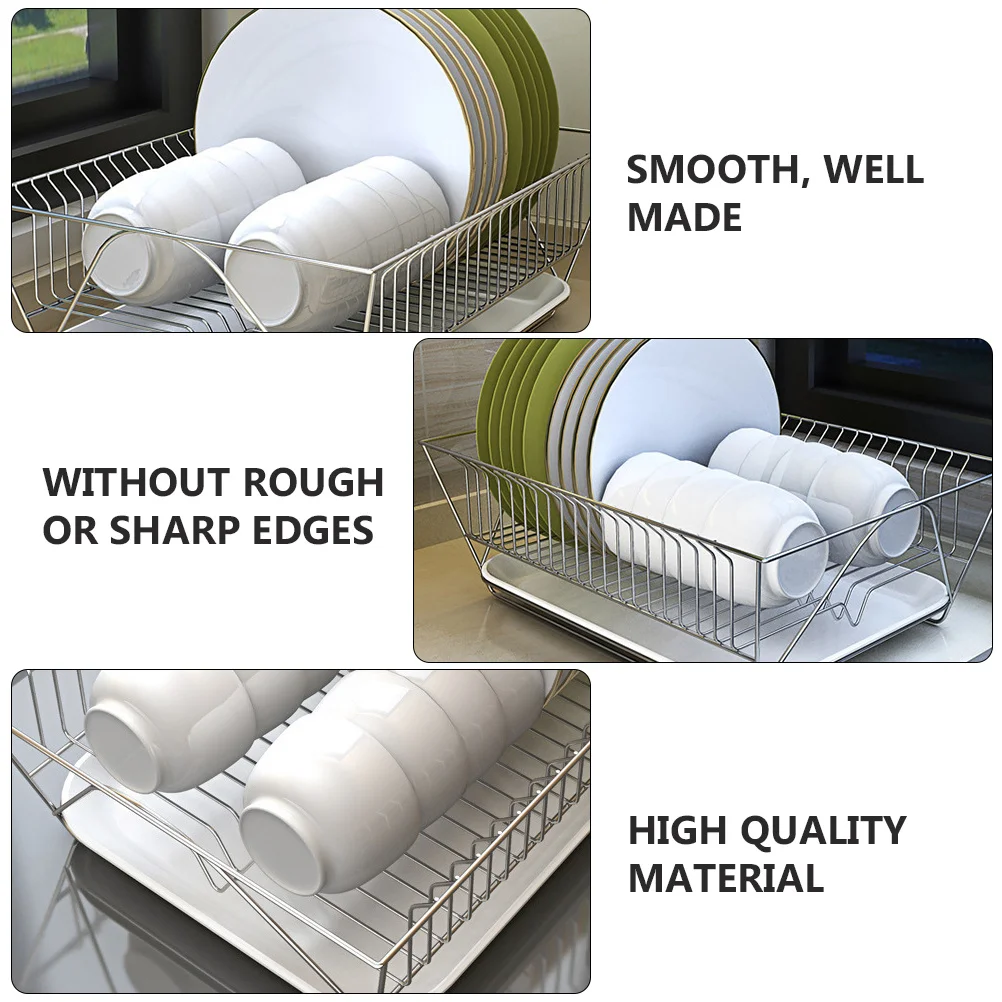 

Stainless Steel Dish Rack Heavy Duty Kitchen Utensils Holder with Bottom Water Collector Tableware Storage Organizer