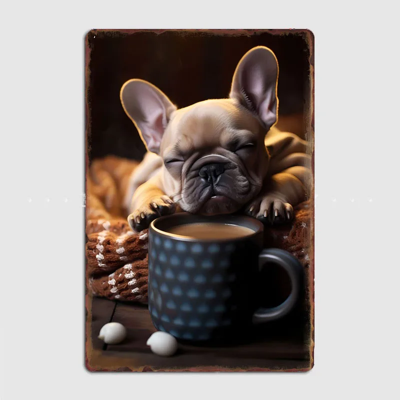 French Bulldog Pup Coffee Posters Metal Sign Poster Garage Room Wall Art Decorations Living Custom Tin Vintage  Home Decor