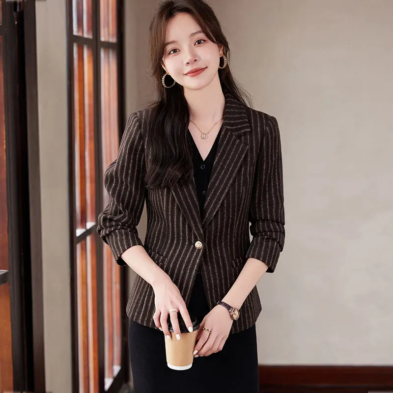 Women Brown Stripe Woolen Formal Blazer New Long Sleeve Suit Coat Notched Collar Business Jacket Ladies Office Blazers Outerwear