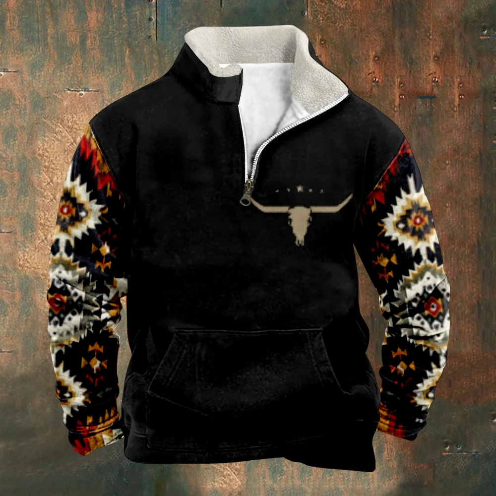 

Patchwork Men's Sweatshirt Vintage Bull Bones Cool Black Sweatshirts Long Sleeve Stand Collar Zipper Casual Pullovers