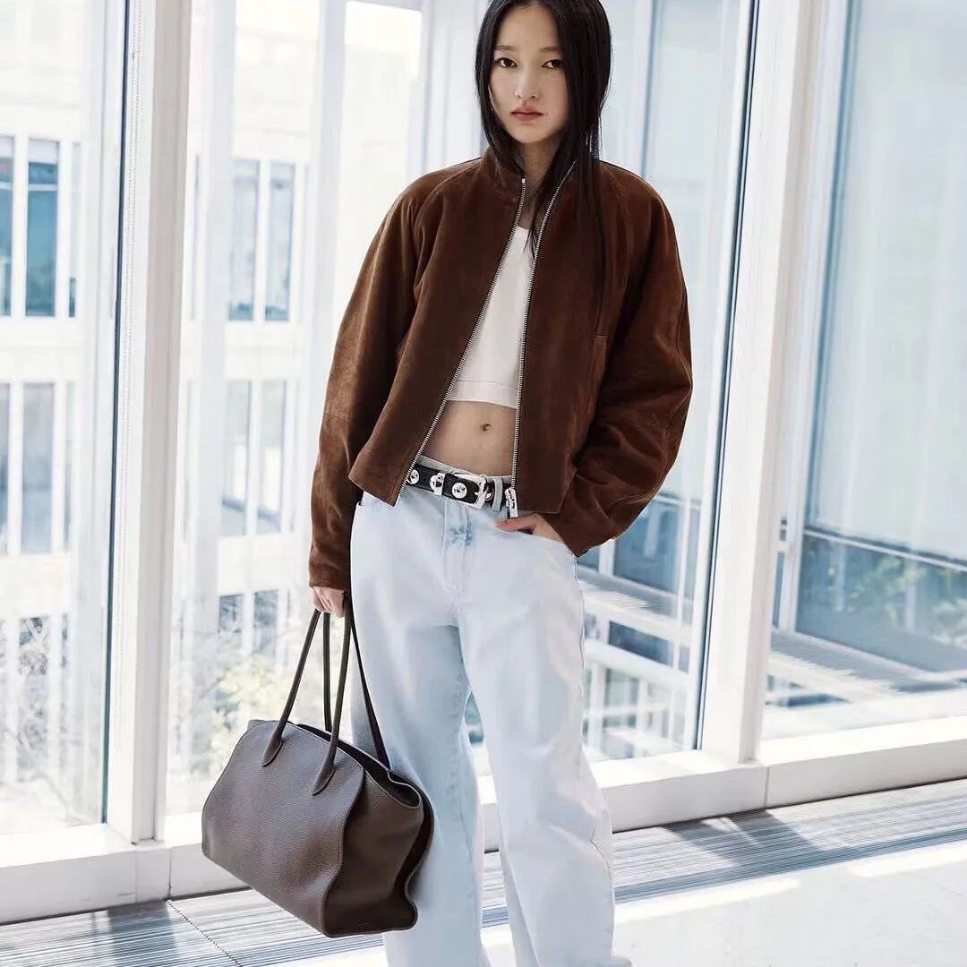 최고급 100% 스웨이드 양가죽 재킷 여성용 스탠드 칼라 지퍼 긴 소매 뒷면 와이드 벨트 레트로 천연 가죽 숏 코트