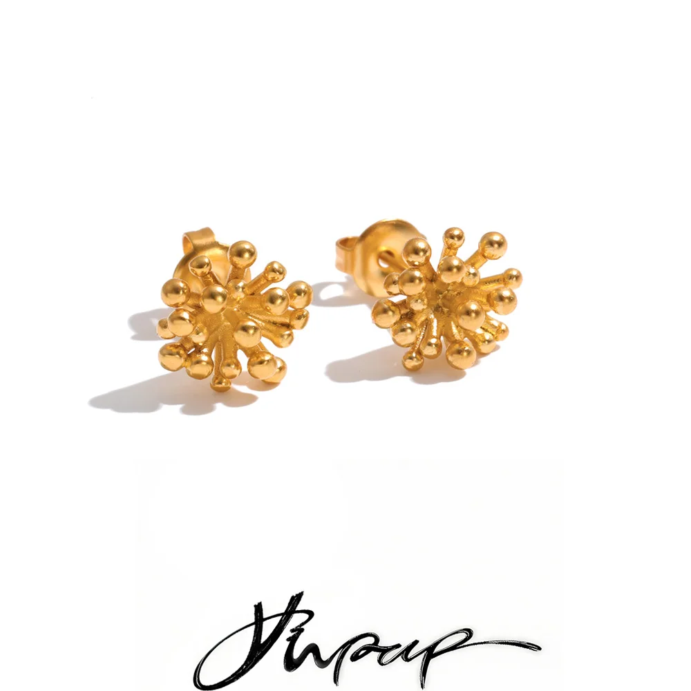 Yhpup Stainless Steel Metal Pistil Flower Stud Earrings Prevent Allergy Texture Plant Golden Daily Jewelry Wholesale