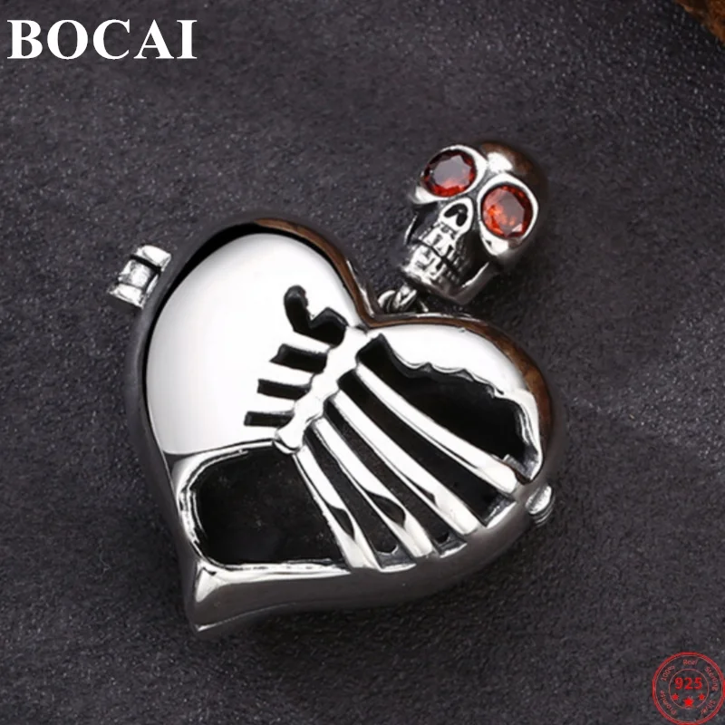 BOCAI S925 Sterling Silver Pendants for Women Men New Fashion Vintage Hollow Heart-skeleton Zircon Punk Jewelry Free Shipping