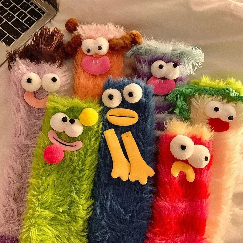 

1Pair Ugly and Cute Funny Mink Fleece Floor Socks Thickened and Warm Autumn and Winter Cartoon Medium Sleeve Home Socks Big Eye