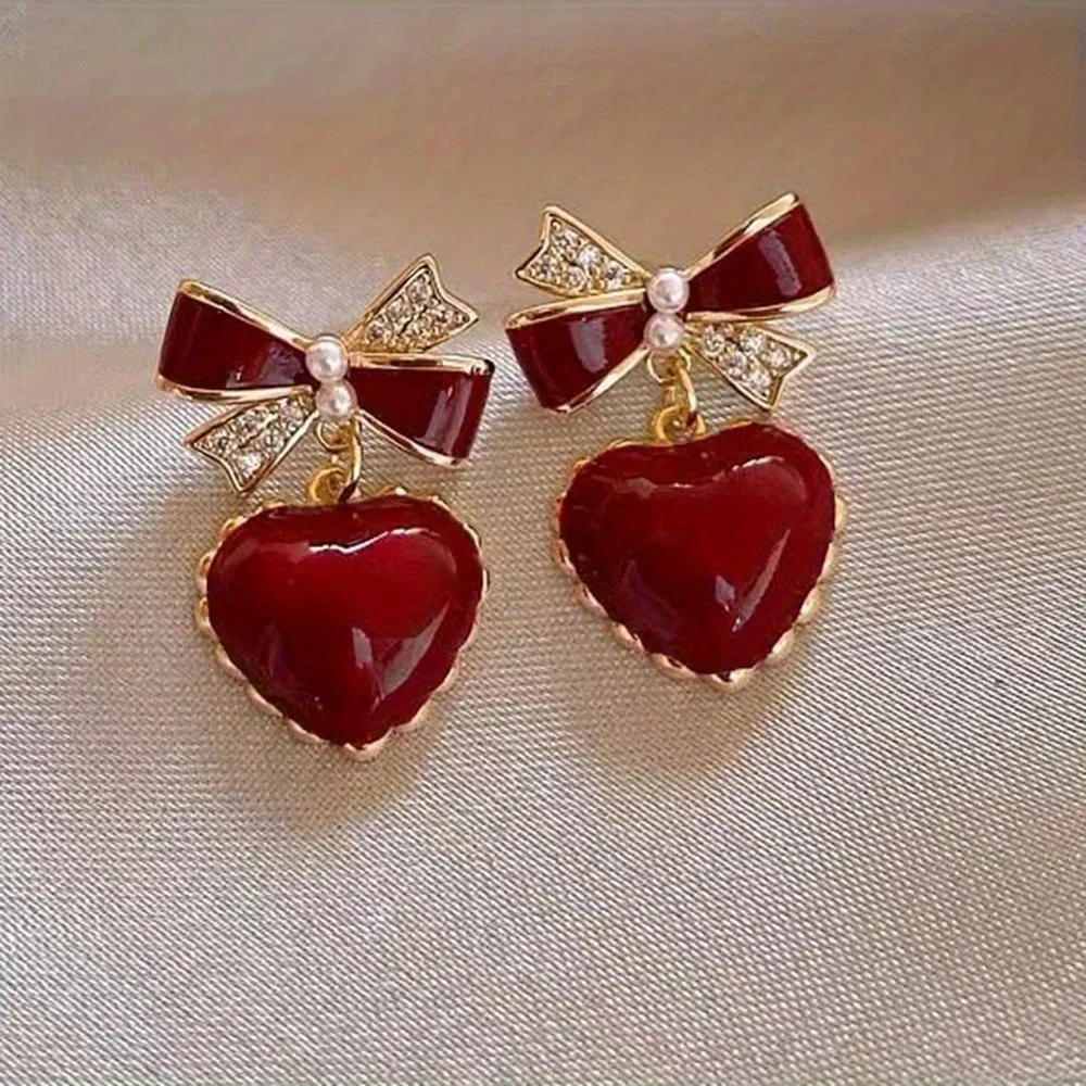 Fashion 2pcs Fashion Creative Red Bow & Heart Shaped Dangle Earrings, Exquisite Party Commemorative Jewelry Gifts Beautiful Styl