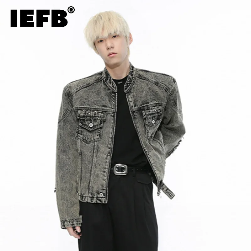 

IEFB Denim Jacket Men 2024 Summer New High Street Handsome Old Stand Collar Zipper Trendy Male Top Niche Design Clothing 9C5726