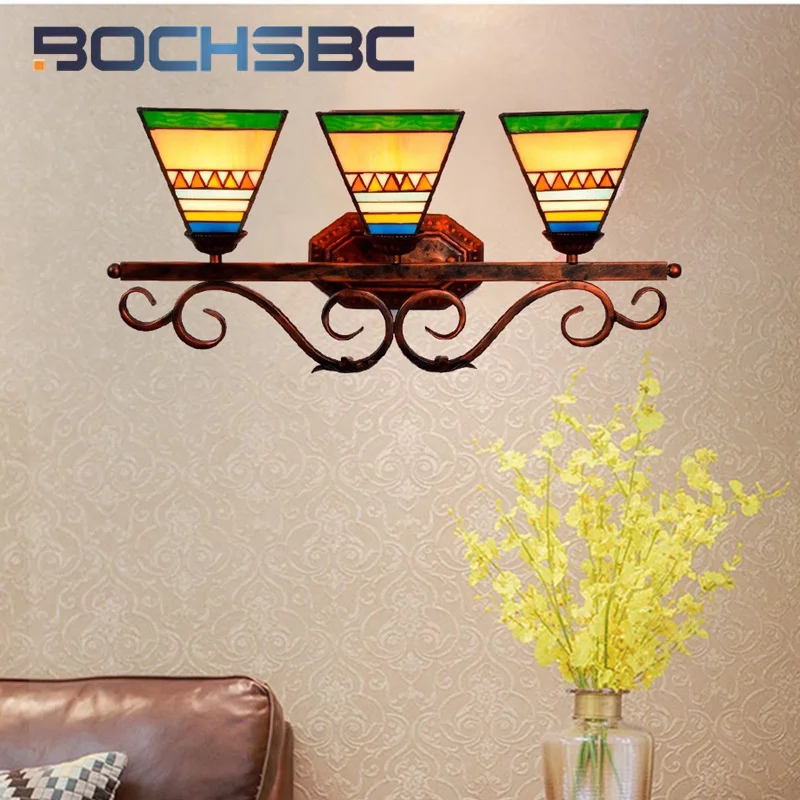 BOCHSBC Tiffany style stained glass Southeast Asia Pyramid wall lamp bar restaurant corridor three head wall light LED decor