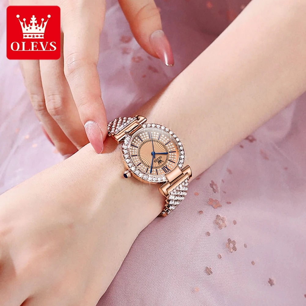 OLEVS 9942 Full Diamond Luxury Quartz Watches for Women Fashion Elegant Rose Gold Steel Strap Waterproof Ladies Dress Wristwatch