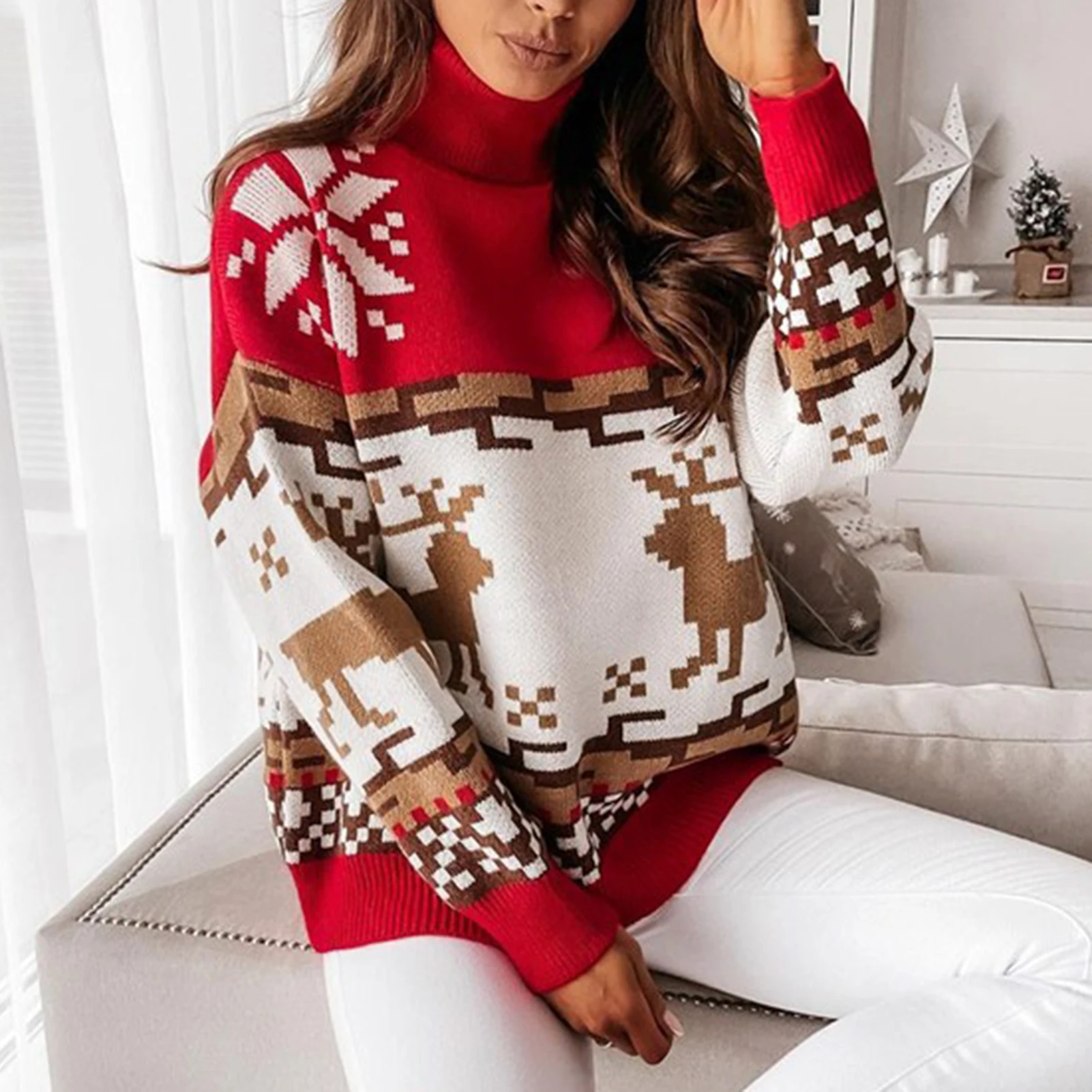 Women\'s Christmas sweater Long sleeve jacquard reindeer tree snowflake high neck sweater Women\'s warm loose knit sweater