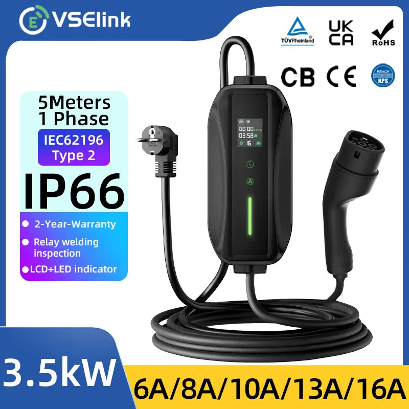 EVSELink EV Portable Charger 3.5kW 7kW Type2 GBT 5M Cable 4 Currents modes WallBox With Display Booking Time Car Fast Charge