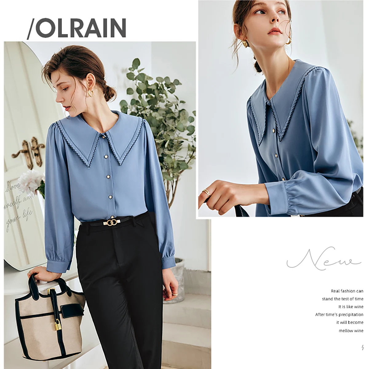 OLrain Franse Stijl Blauw Vrouwen Shirt 2023 Herfst Kantoor Dame Losse Geborduurde Revers Pofmouwen Elegante Blouses O22QC00812