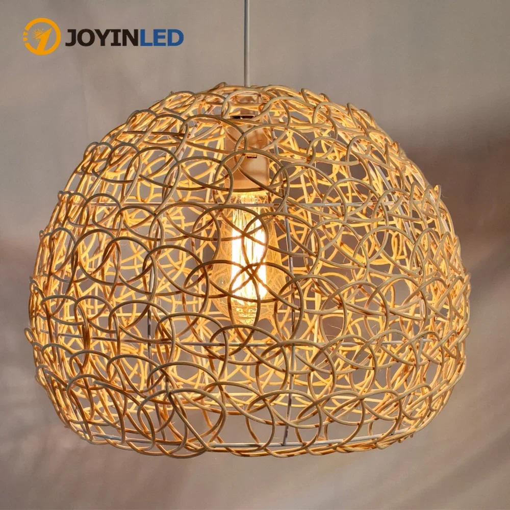 

Современная люстра JOYINLED из ротанга, 25 см, в деревенском стиле, подвесной светильник с плетеным абажуром для гостиной, домашний декор, осветительные приборы