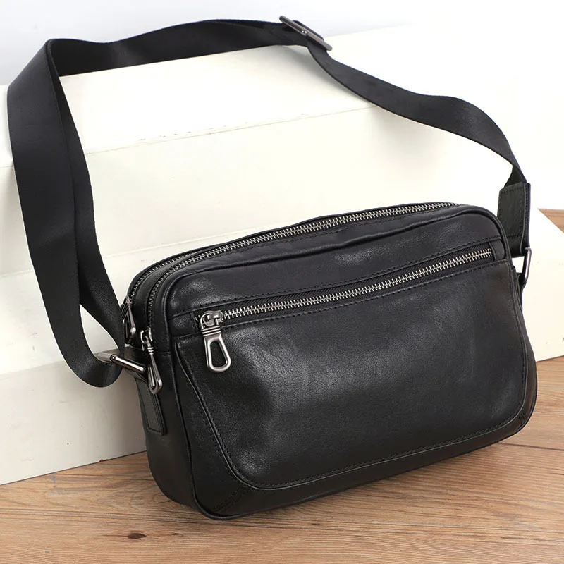 Men's leather shoulder bag head layer cofskin multi-zipper cross-body bag men's business large capacity shoulder bag