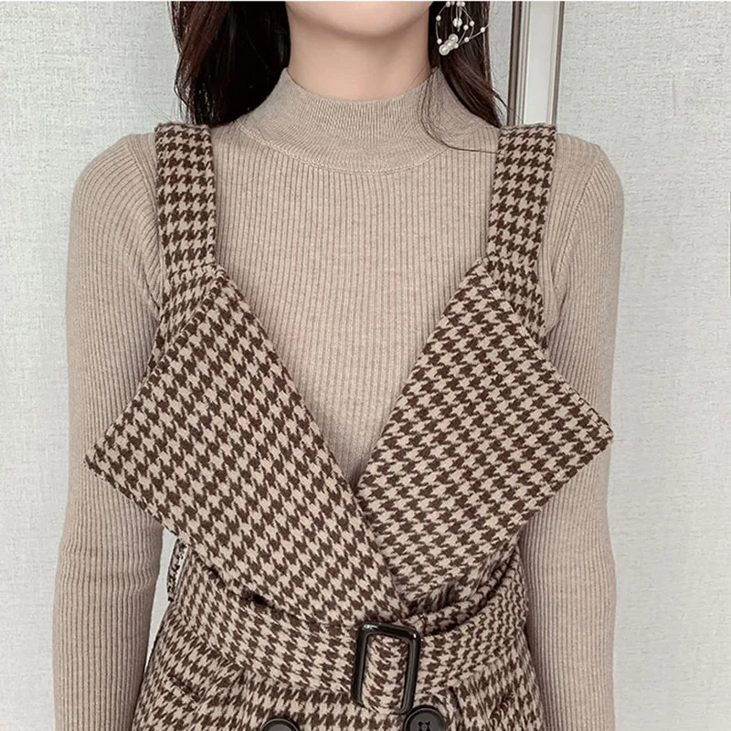 Houndstooth cinta vestido feminino outono inverno conjunto de duas peças 2022 novo coreano cintura knitt topos + lã colete vestido terno feminino