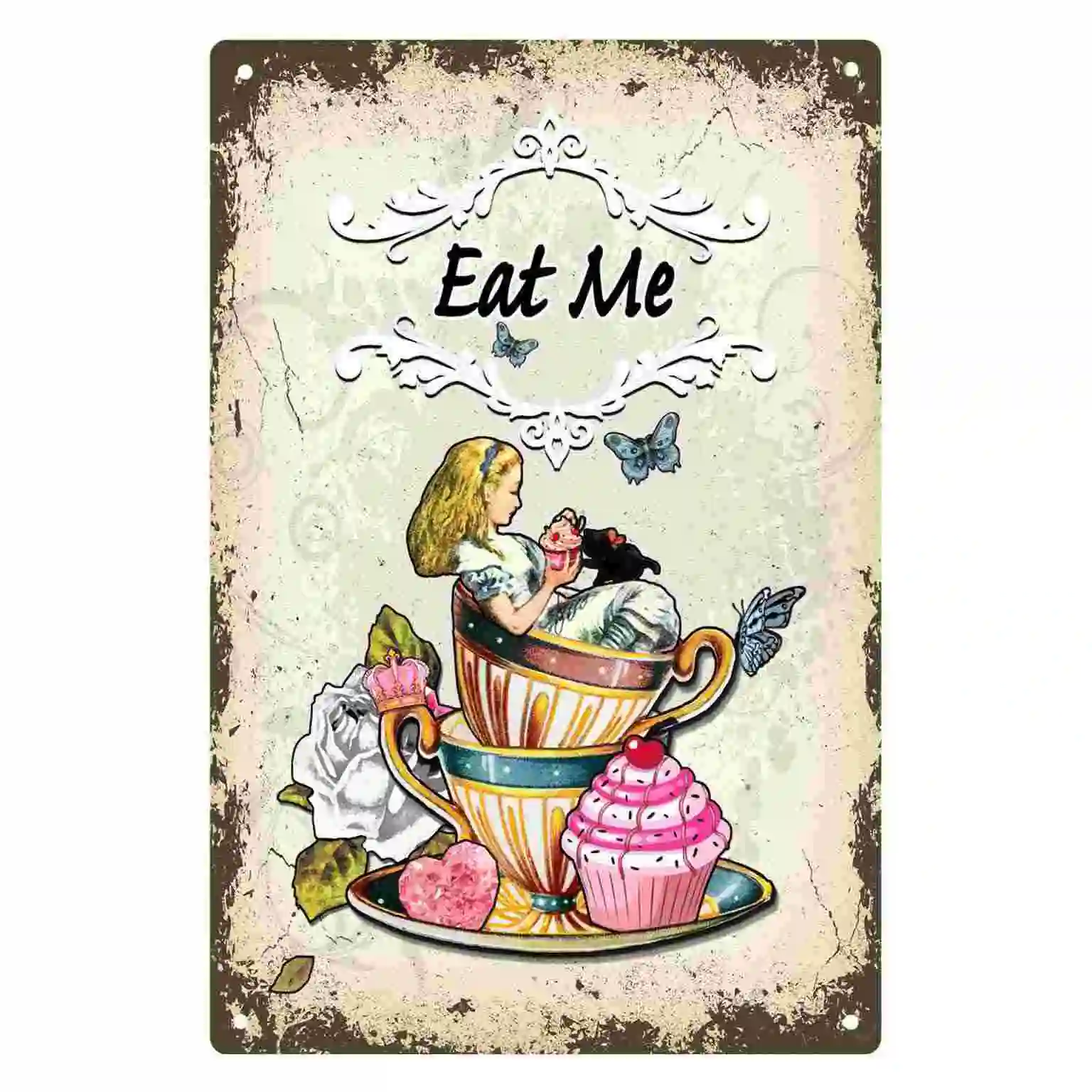 Letrero de metal vintage 2D plano de 1 pieza con la frase "Eat Me" de Alicia en el País de las Maravillas, decoración para el hogar, cafetería, cocina, dormitorio, porche y jardín