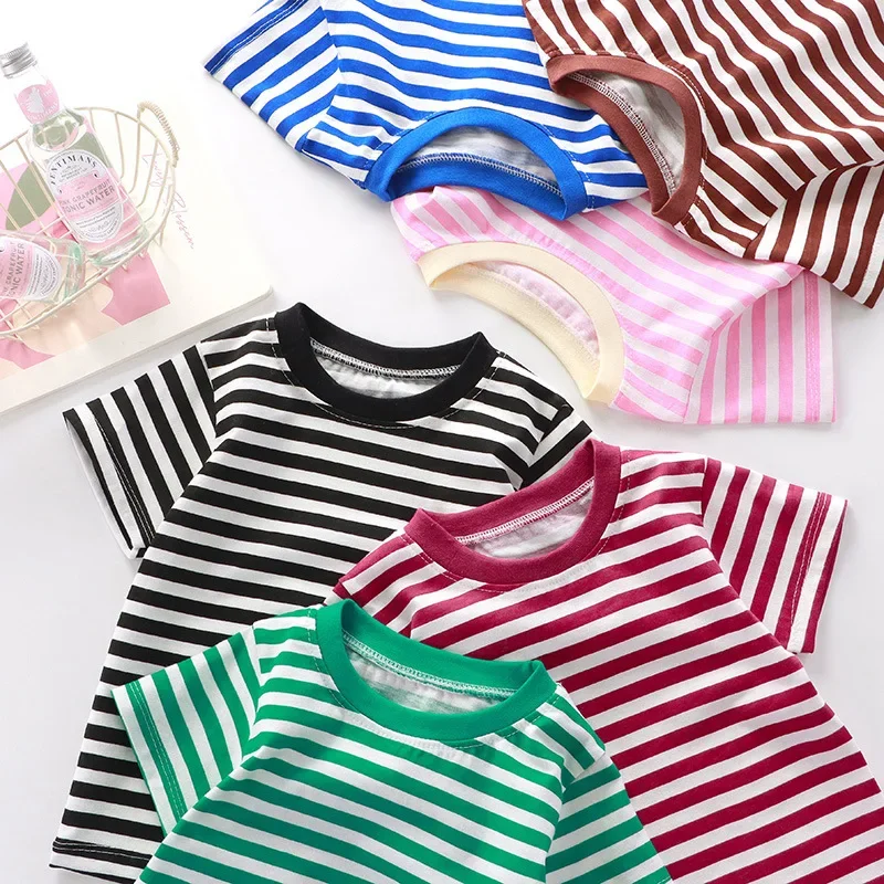 Children's Short-Sleeved Boys Girls 2024 Summer New Striped T-Shirt Baby Thin Section Half-Sleeved Bottoming Shirt Casual Wear