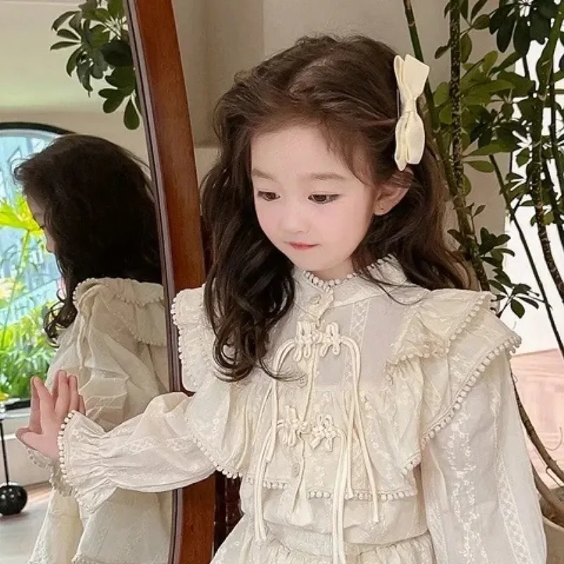 Korean Version Girls Spring and Autumn Lace Retro Buckle Small Stand Up Collar Long Sleeved Shirt Fashionable