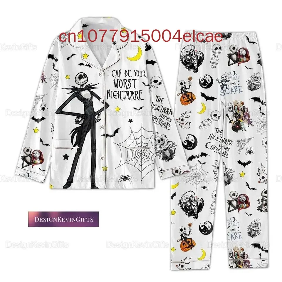 2024 New Disney Jack Skellington Pajama Set 3D Printed Casual Men\'s and Women\'s Long Sleeve Shirt Pajama Set