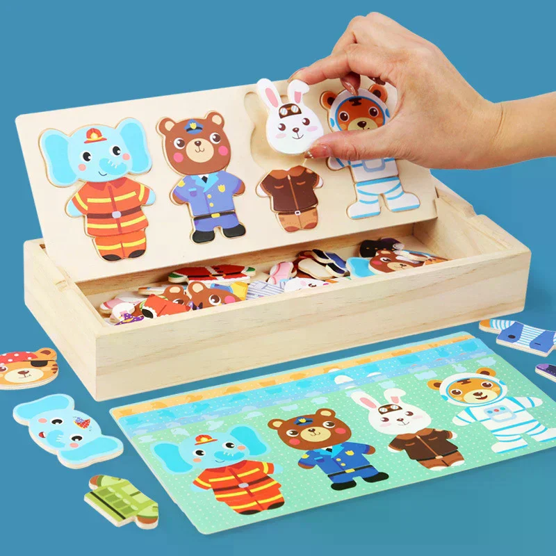 Rompecabezas de vestir de madera, juguetes Montessori, ropa de cambio de oso Animal, caja de rompecabezas, juegos a juego, vestir, conjunto de viaje para chico