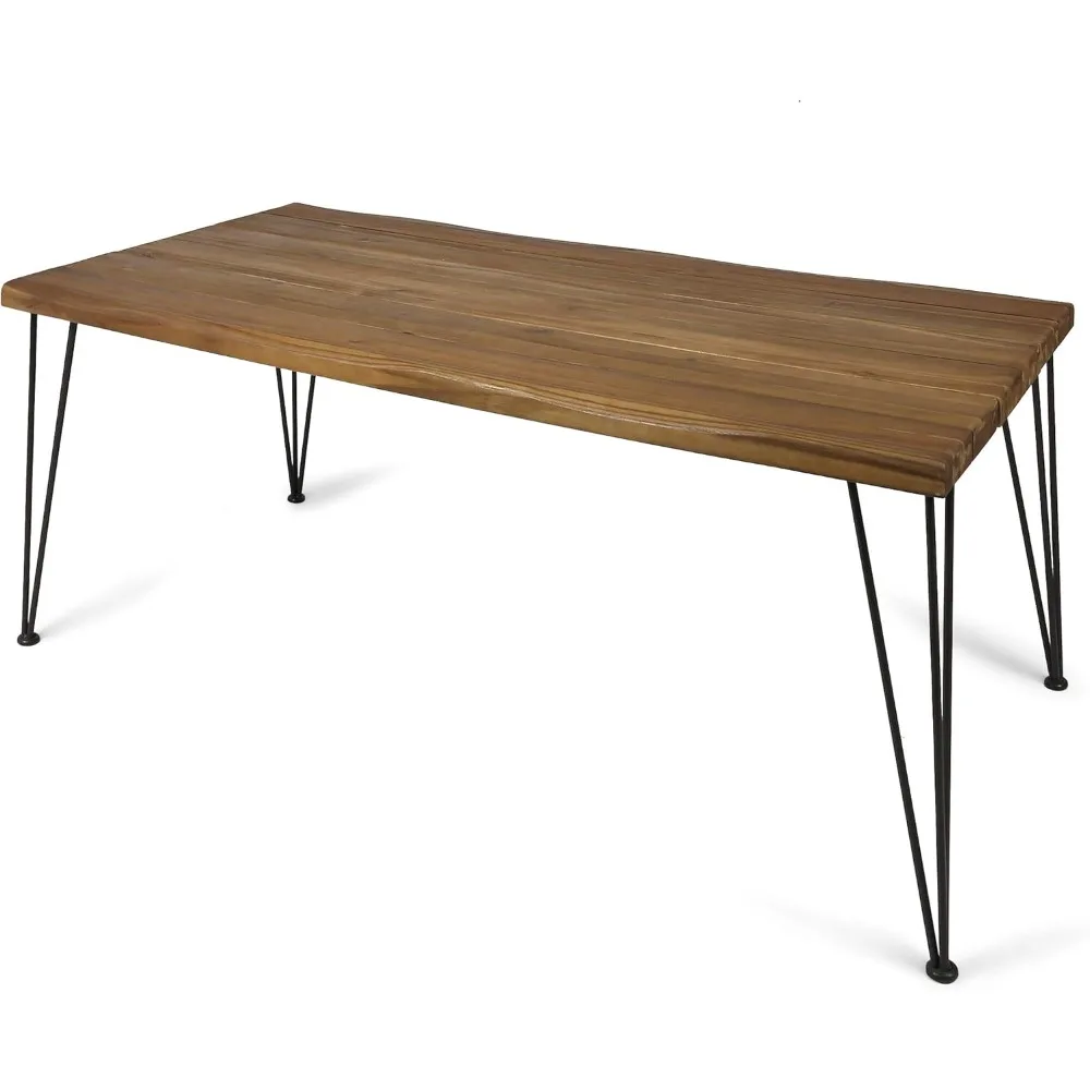 Patio Dining Room, Rectangular, 72 Inches, Acacia Wood Table Top, Rustic Iron Hairpin Legs, Teak Veneer, Metal