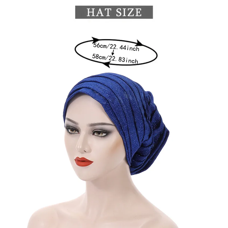 Candy Color Ladies Head Wraps Glitter Muslim Hijab Bonnets Fashion Headgear Elastic Full Body Pleated Turban Cap for Women 2024