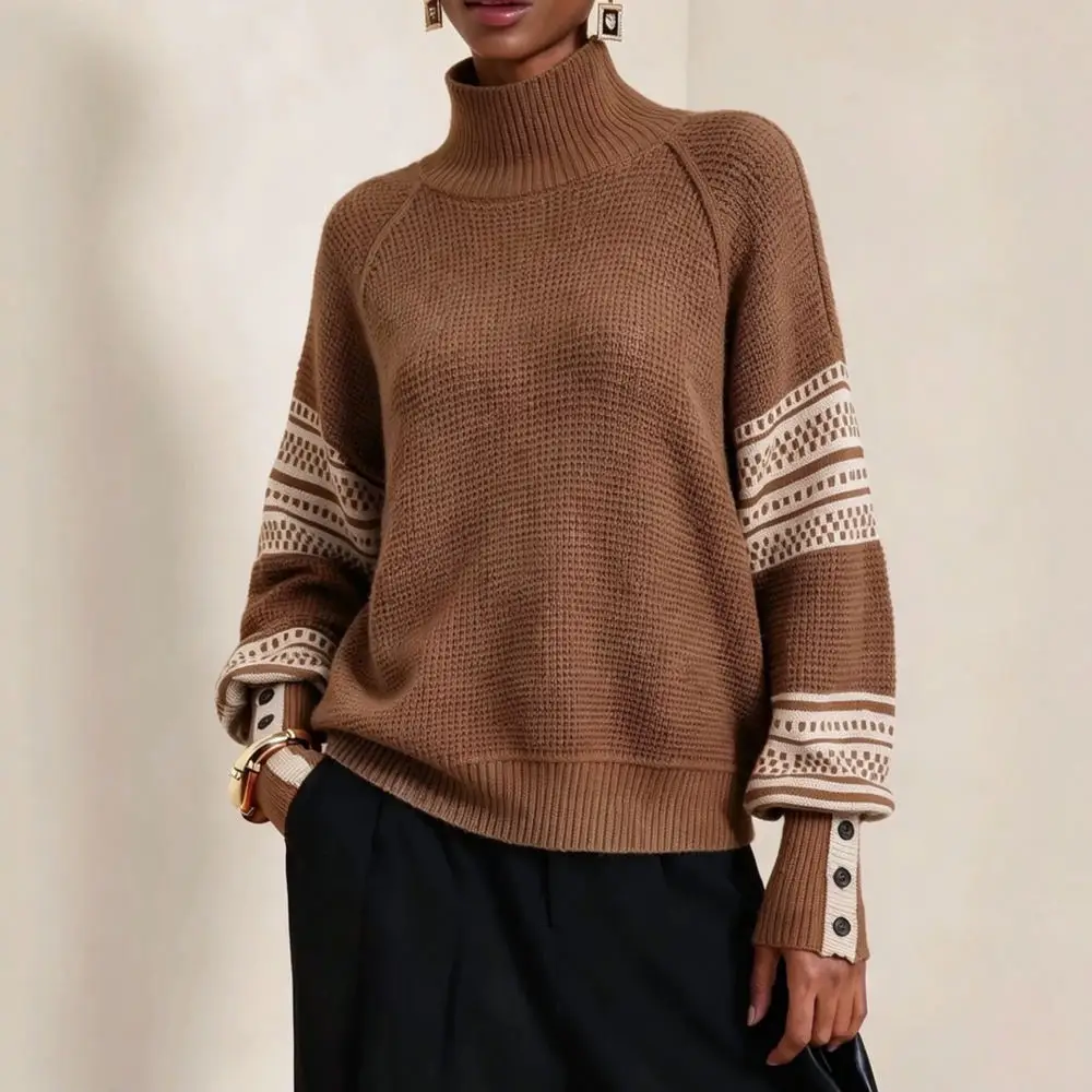 Fashion Womens Sweater Autumn Winter High Neck Knitted Pullover Contrast Pattern Long Sleeve Casual Chic Streetwear Top