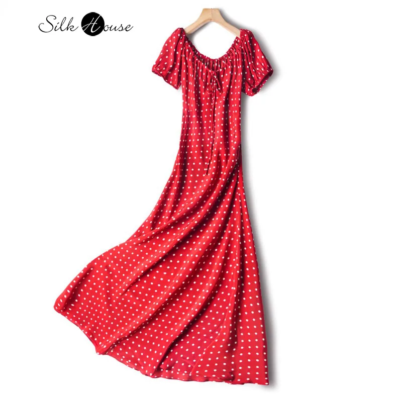 

Retro French 100% Natural Mulberry Silk 03 Crepe De Chine Slant Strap Red Polka Short Sleeve Round Neck Women's Casual Dress