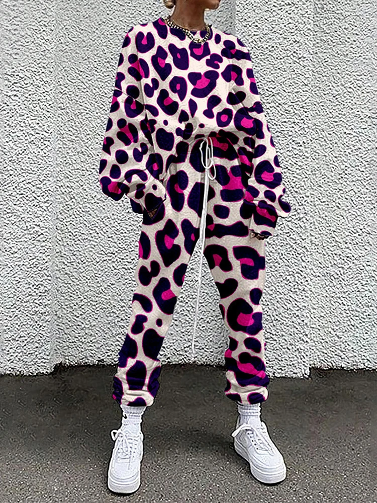 Women Tracksuit Hipster Street Style Colorful Leopard Printed Casual Full Sleeve O Neck Sweatshirt + Drawstring Pants Two-pieces