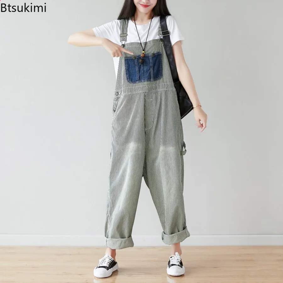 

Jumpsuits Spring New Women's Striped Baggy Jeans Fashion Big Pockets Spliced Design Women High Waist Overalls Casual Streetwear