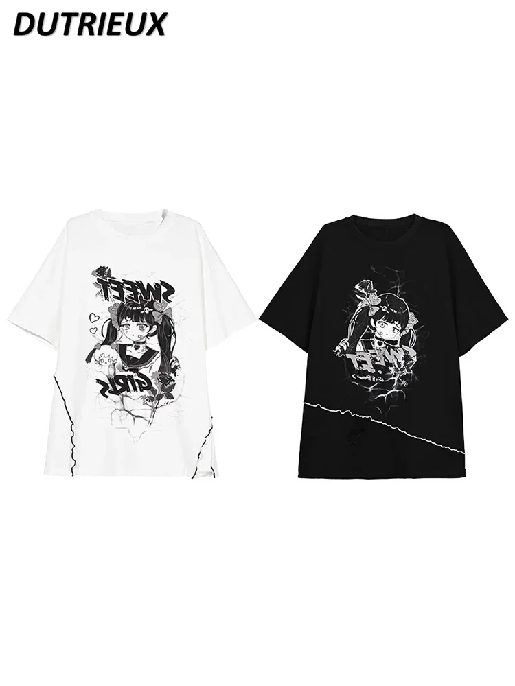 Japanese Wear Anime Cartoon Printed Short Sleeve T-Shirt Women's Summer Y2K Gothic Girlfriend Pleated Mini Skirt Set Outfits