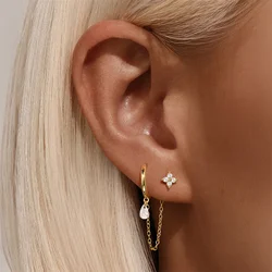 CANNER 1Pc 925 Silver Four Leaf Clover Smooth Circle Drop Earrings For Women 18K Gold Irregular Zircon Pendant Star Elements