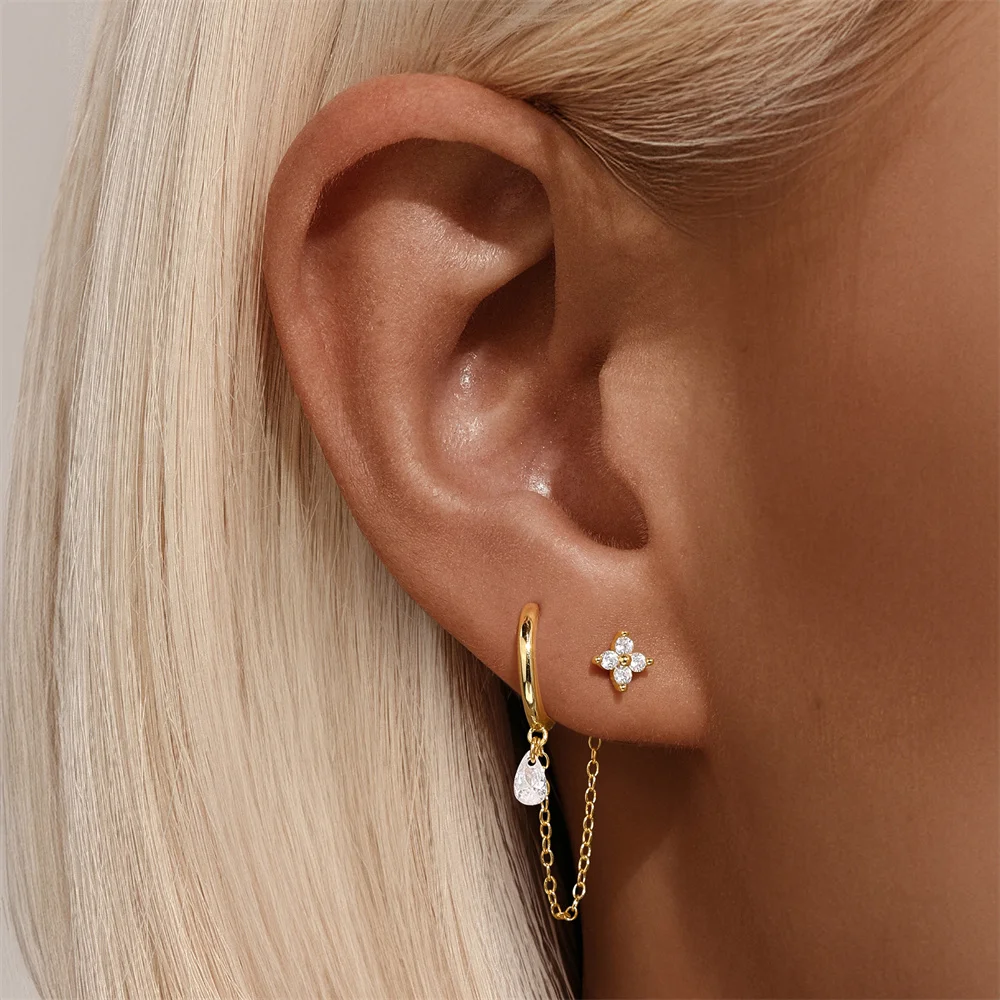 CANNER 1Pc 925 Silver Four Leaf Clover Smooth Circle Drop Earrings For Women 18K Gold Irregular Zircon Pendant Star Elements