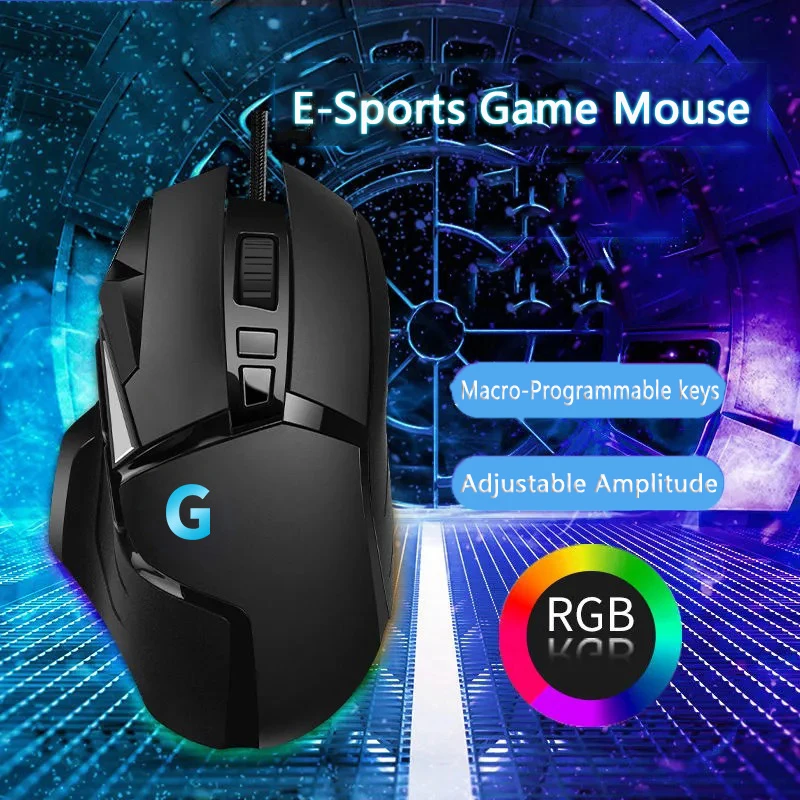 

Black E-sports Game RGB Lighting Effects USB Interface Macro Programming Wired Mouse Six-Levels DPI Adjustment Ergonomic Design