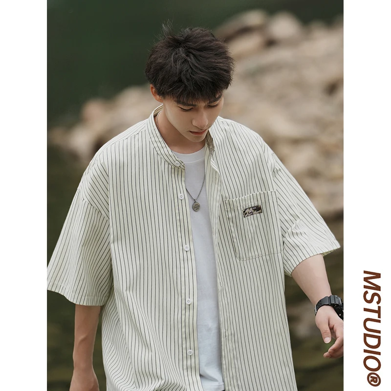 

Loose Fit Men's Stripe Shirt Summer Thin Short Sleeve Cityboy Top Vintage Japanese Style Half Sleeve Shirt for Teenagers