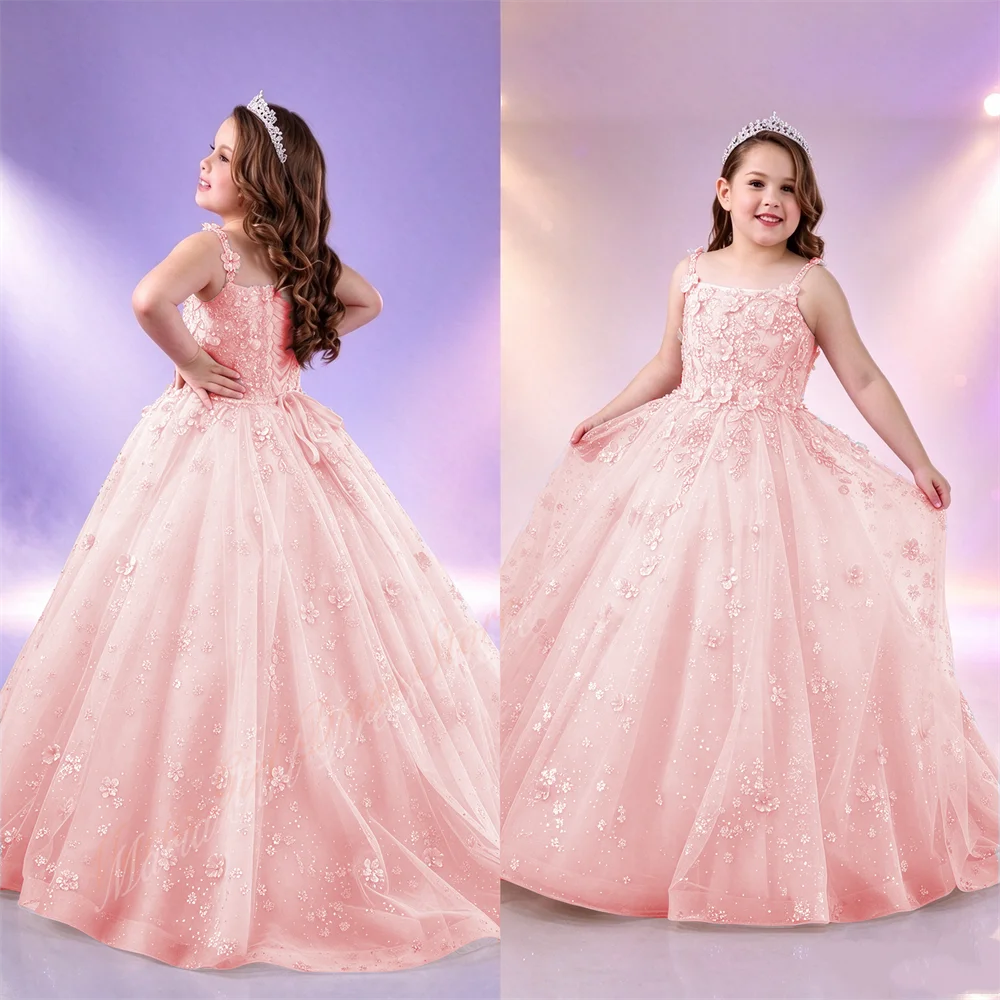 Custom Girls Dress Fluffy Spaghetti Straps for Wedding Flower Girl Dress Kids Birthday Formal Occasion Wearing