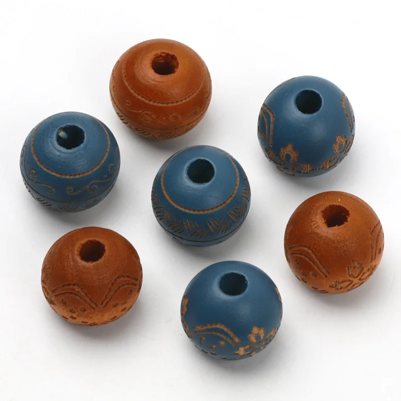 Natural Wooden Beads Carved Pattern Colored Wood Beads 16mm 5/10pcs Loose Round Balls Beads Findings For DIY Jewelry Accessories