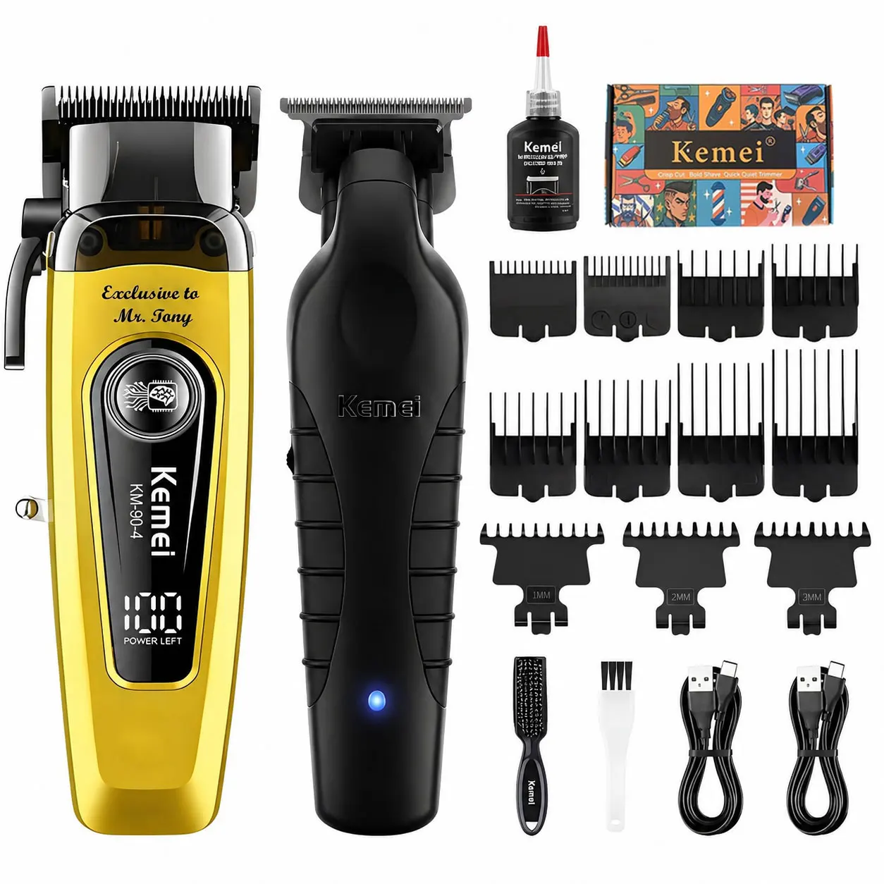 Kemei KM-90-4 & KM-2299 Professional Cordless Hair Clipper Set, 2Pcs Barber Hair Cutting & T- Blade Outline Trimmer Kit, LCD Digital Display, USB Rechargeable, Multiple Guide Combs, for Salon & Home Men Grooming