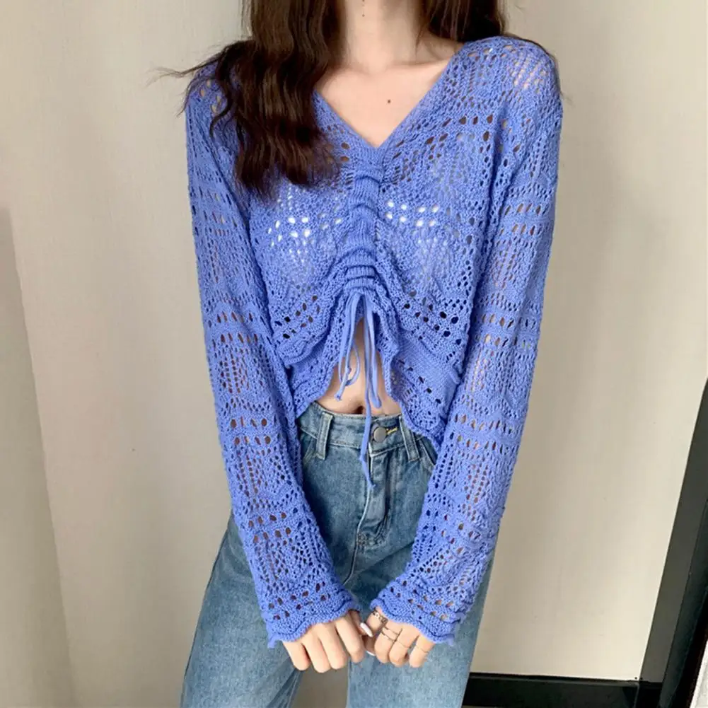 

Crochet Knit Top Drawstring Hollow Shirt Long Sleeved V neck Crop Top Summer Solid Hotsweet Pullover Elegant Women Clothing