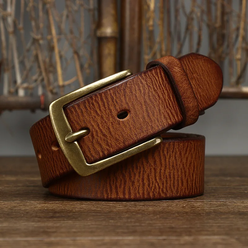 

3.8CM Wide Vintage Distressed Coarse Grain Pleated Washed Vintage Belt, Men's Leather Top Layer Cowhide Belt