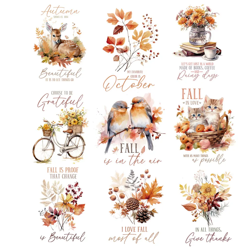 

Fall Leaves and Flowers Thermal Heat Transfer Sticker On Clothes DIY A-Level Washable Iron On Patches For Clothing Appliques